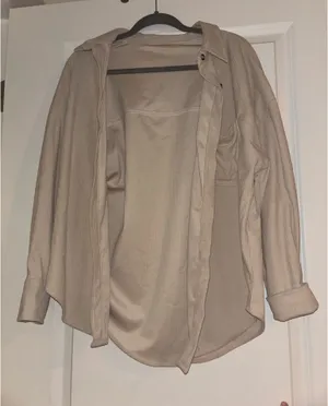 Tan ribbed oversized shirt jacket thumbnail 1