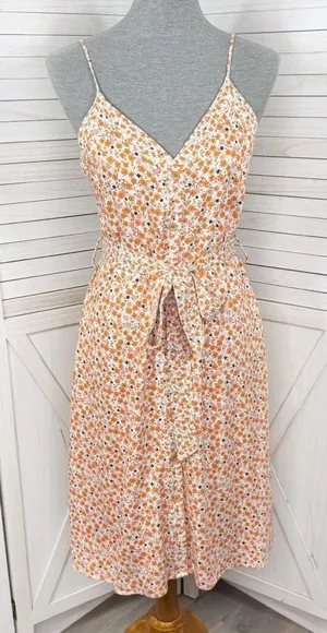 A Loves A Ditsy Floral Button Front‎ Spaghetti Strap Sundress Orange Pink Small thumbnail 1