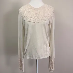 Free People Colette Cream Ribbed Knit Top Crochet Lace Yoke and Cuffs Size Lrg. thumbnail 3