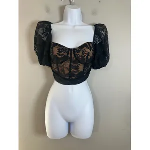 For Love & Lemons Rosalie Crop Top Black Floral Lace Puff Sleeve Bustier M NWOT thumbnail 3