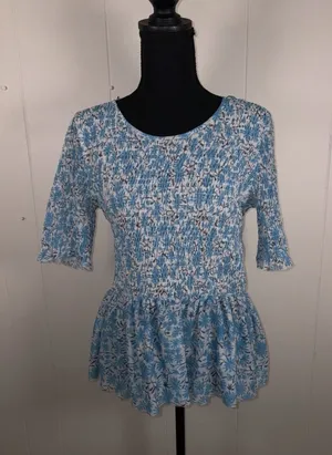Anthropologie Maeve Ashton smocked peplum top blue‎ floral thumbnail 1