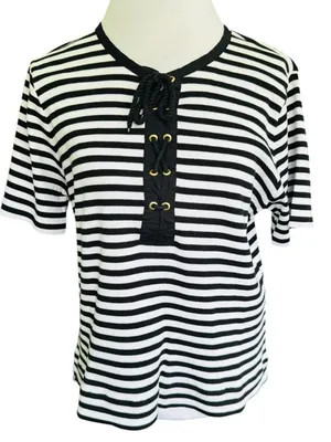 Lauren Ralph Lauren Nautical Lace-Up Ribbed Top Boxy Fit L/XL (Tag 2X) thumbnail 1