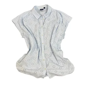 Gap Eyelet Blouse Womens L Light Blue Embroidered Button Front Cap Sleeve Top thumbnail 10
