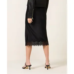 Sanctuary Evereve Satin Midi Slip Skirt with Lace Hem and Slit Black Small thumbnail 2