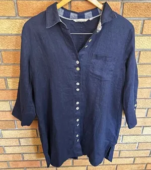 Soft Surroundings 100% Linen Button Up Tunic Blouse Navy Blue Size Medium thumbnail 1