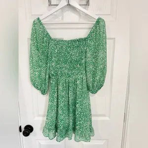 Sienna Sky Green Off the Shoulder Cottage Smocked Babydoll Mini Dress Speckled - Medium thumbnail 11