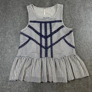 Free People Navy White‎ Zig Zag Knit Peplum Tank Top Crochet Lace Trim Small thumbnail 1