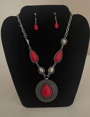 Paparazzi Fashion Red Teardrop Statement Necklace & Earrings Set thumbnail 1