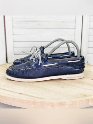 Sperry Top Sider Leather Boat Shoe Metallic Navy Blue Women Size 8 Slip On thumbnail 3