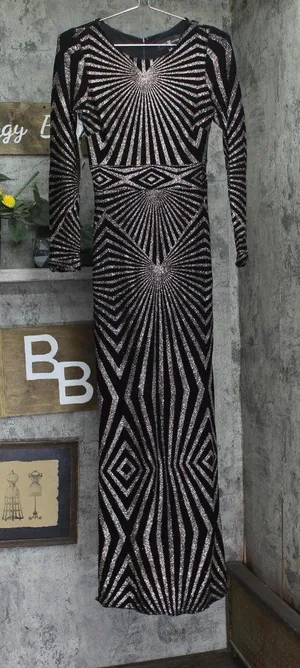 Betsy & Adam Womens Long Sleeve Glitter-Print Gown Black / Gold 4 thumbnail 1