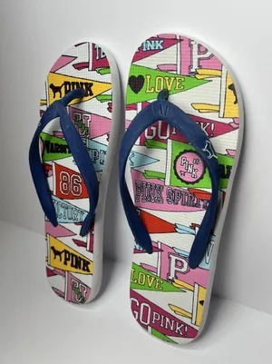 Victoria's Secret PINK Flip Flops Large Collegiate‎ Pennant Love Spirit New thumbnail 1