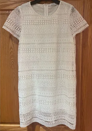 Mango White Crochet‎ Short Sleeve Lined Mini Shift Dress Size 6 Medium Cruise thumbnail 1