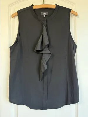 7 For All Mankind Womens‎ Size Medium Black Sleeveless Ruffle Front Blouse Chic thumbnail 1