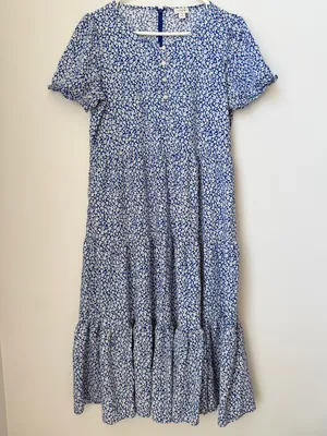 J. Crew Floral Tiered Midi Dress in Blue and White Size Medium thumbnail 1