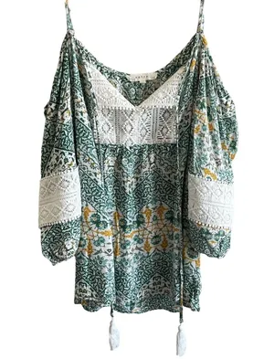 Entro Top Womens Large Off The Shoulder Shirt Colorful Green thumbnail 1