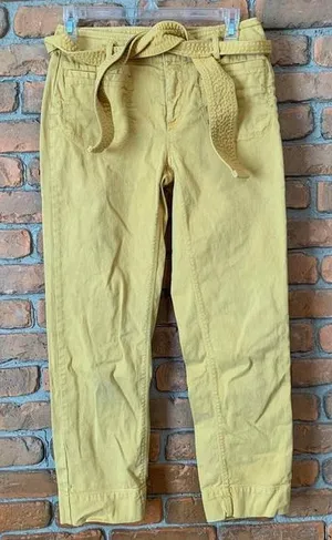 LOFT Belted Pants Womens 0‎ Yellow Straight Leg Casual Career Cropped Ankle Mid thumbnail 1