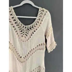 Boho Crochet Macrame Handkerchief Hem Tunic Top Cream‎ V-Neck Festival Gauze L thumbnail 3