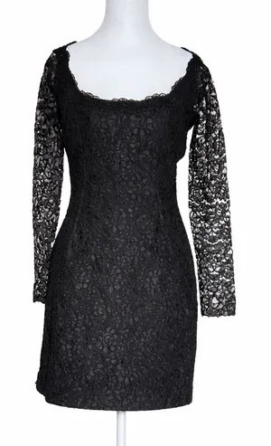 Vtg 90s Jennifer George By Night Black Lace Mini Dress Shere Sleeve‎ Goth Vamp 4 thumbnail 1