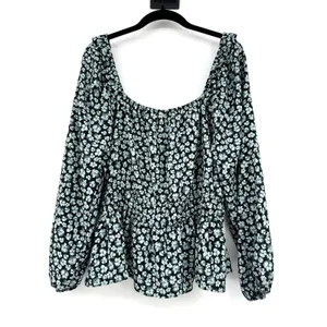 Nine West Floral Print Smocked Waist Peplum Blouse Boho Festival Peasant Top PM thumbnail 2
