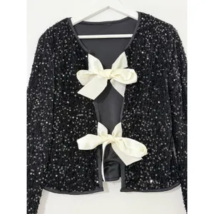 Sequin Bow Jacket Womens Medium Black Cropped Tie Front Evening Party thumbnail 3