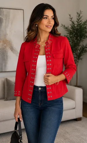 Live a Little Red Grommet Eyelet Jacket Size L Y2K Stretch Cotton thumbnail 1
