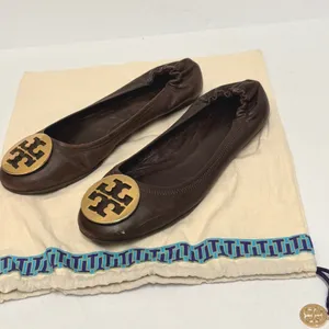 Tory Burch Reva Ballet Flats Brown Leather Gold Logo Medallion Size 9.5 thumbnail 3