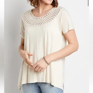 Maurices Oatmeal Macrame Neck Boho Short Sleeve Flowy Tunic Blouse Top Womens L thumbnail 2