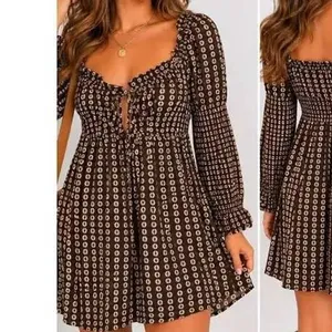 Free People Women Mini Dress L Brown Gingham Smocked Ruffle Cotton OB2049348 thumbnail 4