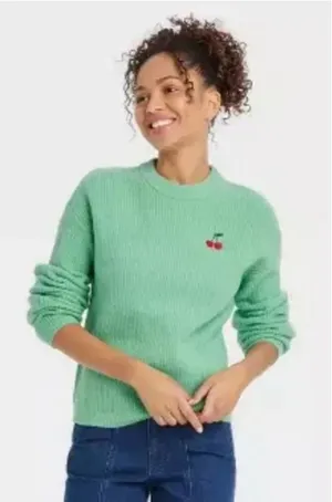 A New Day Womens Mint Green Ribbed Cherry Embroidered Crewneck Sweater Small NEW thumbnail 1