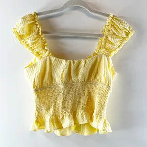 Lush Smocked Cap Sleeve Tie Front Top Blouse Butter Yellow Medium thumbnail 3