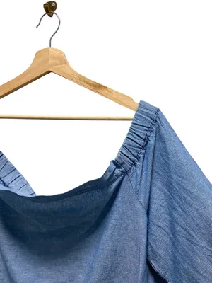Free People Show Me Some Shoulder Chambray Top Blue Size L Minimalist Boho Beach thumbnail 11