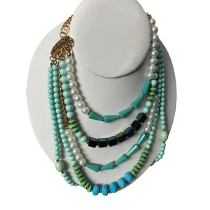 Turquose and faux pearl 5 layer statement necklace thumbnail 2