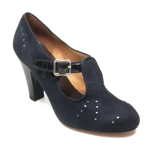 Re-Mix Vintage Footwear Cloche‎ T-straps in Navy Suede/Black Patent, Size 6 thumbnail 1