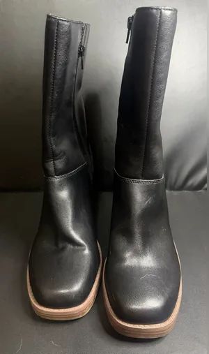 Black Faux Leather Mid-Calf Boots with Stacked Block Heel thumbnail 1