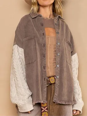 POL Cable Knit Sleeve Shacket Chocolate & Cream Small thumbnail 2