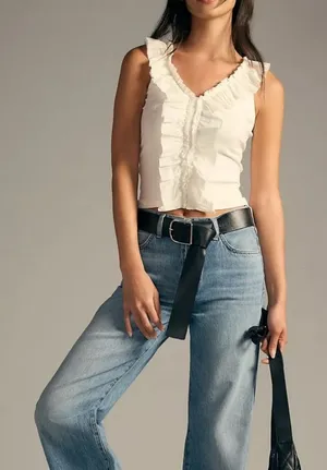 Anthropologie Pilcro V-Neck Ruffle Tank Top in White Size L Y2K Yacht Nautical thumbnail 1