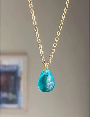 Handmade aqua teardrop Czech glass simple minimalist gold chain necklace💙 thumbnail 1