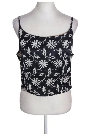 Tempted Black and White Floral Embroidered Cropped Tank Top Size Large thumbnail 1