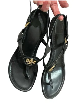 Tory Burch Black ThongSandals with Gold Logo - Heavily Used Size 6.5 thumbnail 1