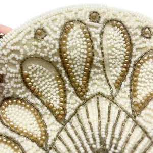 Vintage Hand Beaded Art Deco Clutch Wristlet Half Moon Shell Shape Ivory Bell thumbnail 3