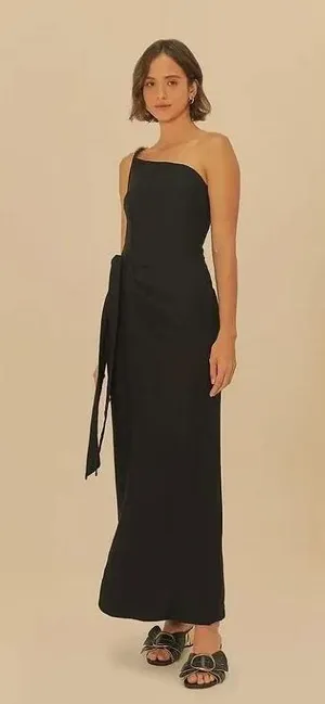 NWOT Farm Rio Linen Blend Black One Shoulder Bow Smocked Wrap Maxi Dress Sz M thumbnail 1