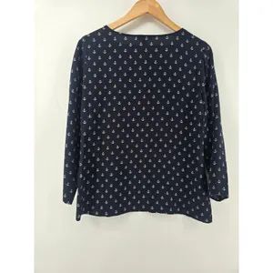 J.Crew Silk Blouse Women 6‎ Anchor Print Navy Blue Gold Button Boatneck* thumbnail 4