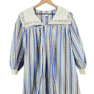 Vtg Saybury Striped Seersucker‎ Nightgown Mumu Women M Eyelet Collar Pastel Zip thumbnail 2