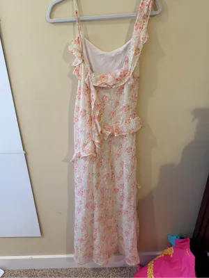 Storia Cream Maxi Dress with Pink Floral Ruffles thumbnail 3