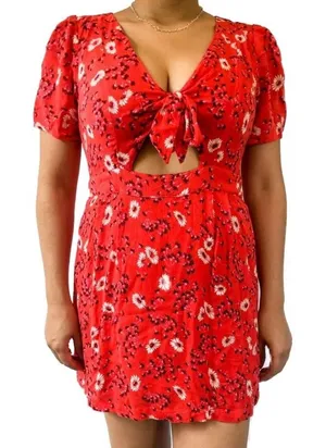 Free People Jinx Red & White Floral Print Cut Out Tie Front‎ Romper Dress Size 4 thumbnail 1