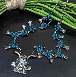 Vintage Kachina Mask Faux Turquoise Southwestern Style Squash Blossom Necklace thumbnail 1