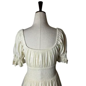 Sabo Mini Dress Women XS Ivory Linen Blend Smocked Puff Sleeve Boho Peasant thumbnail 5