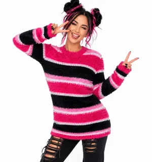 Falls Creek Pink, Black & Metallic Striped Fuzzy Sweater - Junior Size L - NWOT thumbnail 1
