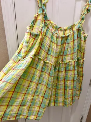 Anthropologie Plaid gauze Ruffle Mini Dress Boho Babydoll yellow size XL thumbnail 12