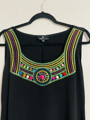 Vintage 90’s Ronni Nicole Black Boho Chic Sleeveless Mini Dress Beaded Neck Sz 8 thumbnail 3
